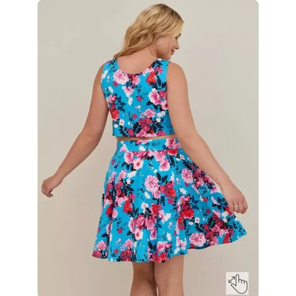 TORRID Mini Scuba Skater Set Women's Plus Size 2 Top Skirt $76 Floral Blue 2X - Picture 10 of 11